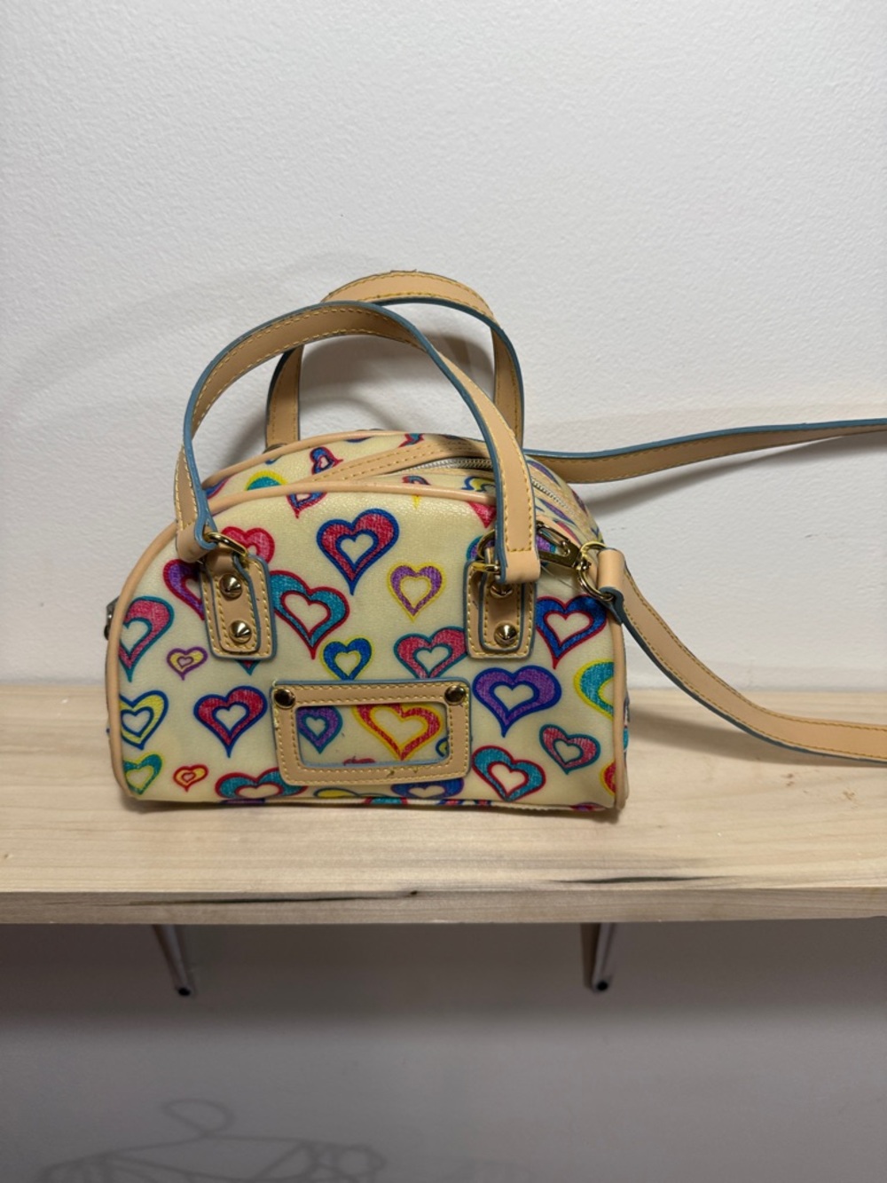 Heart Print Dome Satchel - Beige Multicolor
